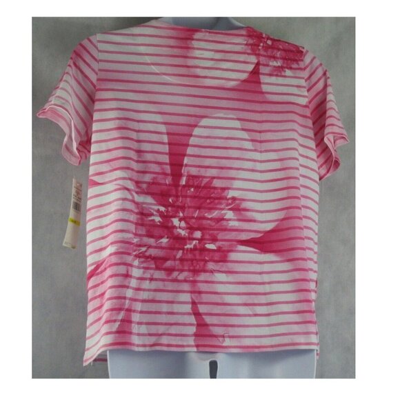 NWT Alfred Dunner Women's Cotton Striped Floral T-Shirt, Pink Flamingo, Small - Picture 2 of 2